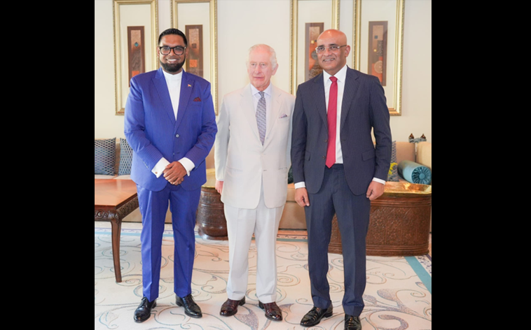 From Left to Right, President Dr. Irfaan Ali, King Charles III and Vice-President Dr. Bharrat Jagdeo