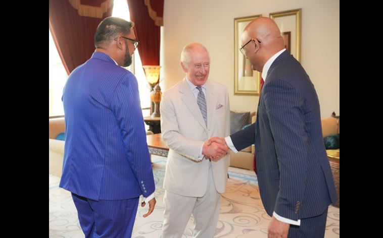 King Charles III of The United Kingdom, President Dr. Irfaan Ali and Vice President Dr. Bharrat Jagdeo