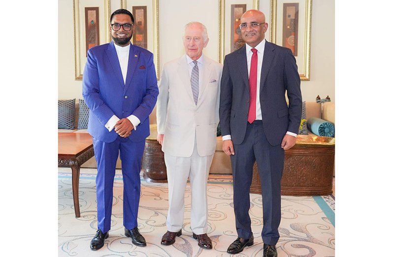 President Dr. Irfaan Ali , King Charles and Vice President Dr. Bharrat Jagdeo