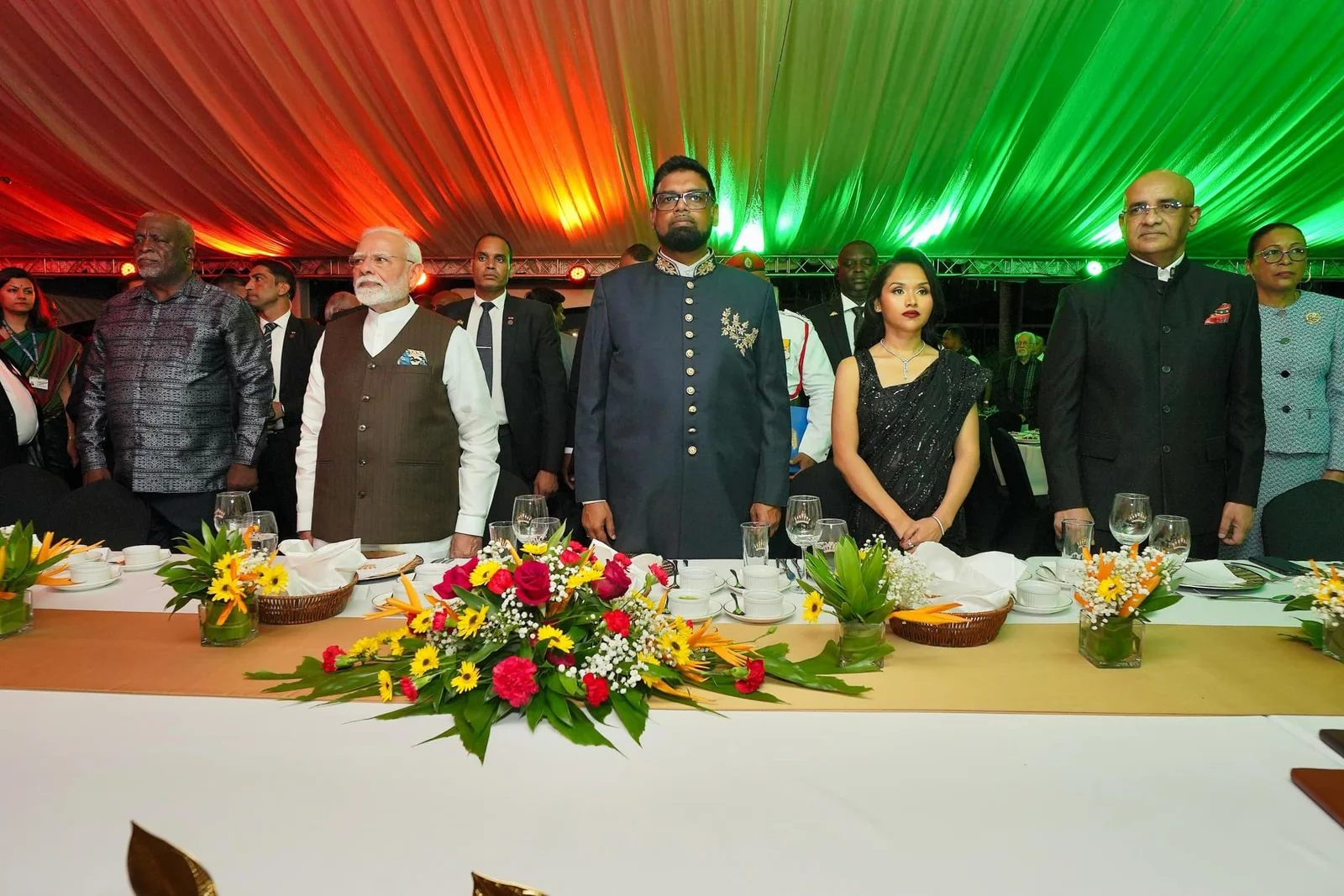 PM Narendra Modi, PM Mark Phillips, President Dr. Irfaan Ali and His Wife First Lady, Vice President Dr. Bharrat Jagdeo