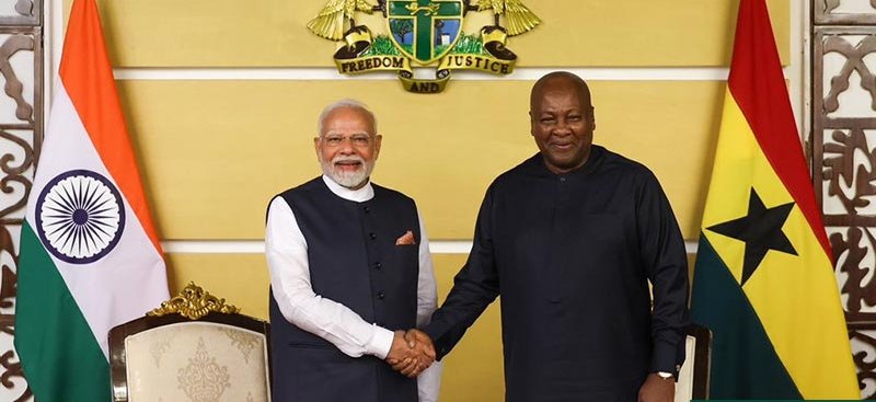 President John Dramani Mahama of Ghana and Prime Minister Modi of India, receiving the highest civilian order, the Officer of the Order of the Star of Ghana,
