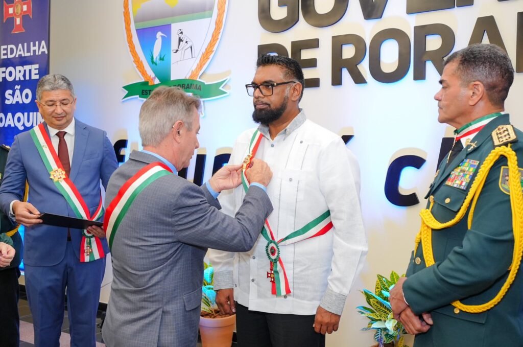 The award being conferred on President Dr Irfaan Ali by Governor Antonio Denarium