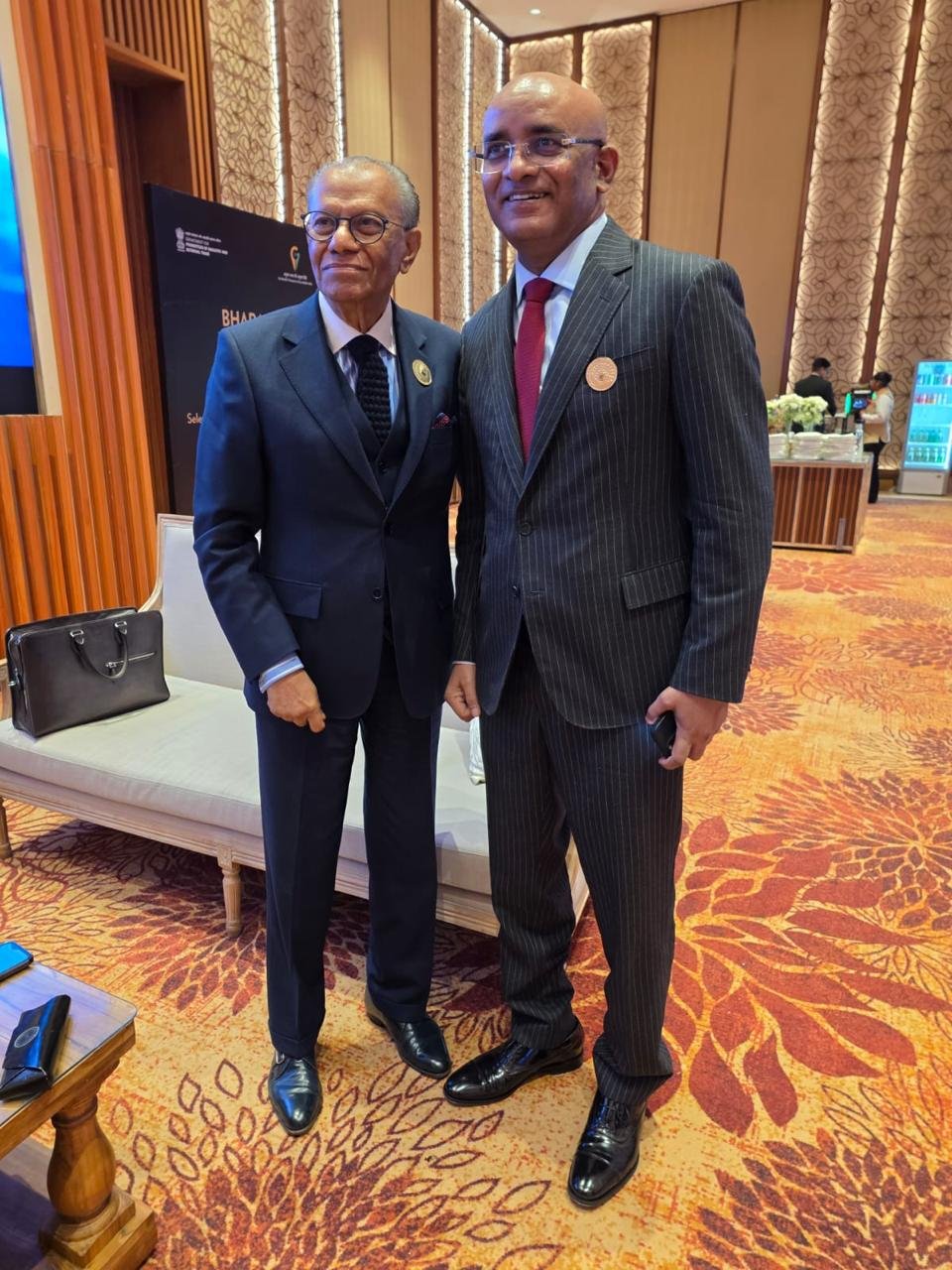 Vice President Hon. Dr. Bharrat Jagdeo interacted with Prime Minister Dr. Navinchandra Ramgoolam of Mauritius at the AI Impact Summit 2026, India.