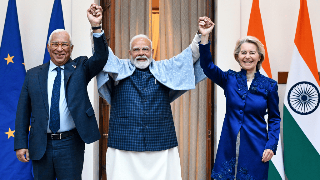 The President of the European Union, Ursula von der Leyen, and the President of the European Council, Antonio Costa, with Indian PM Narendra Modi