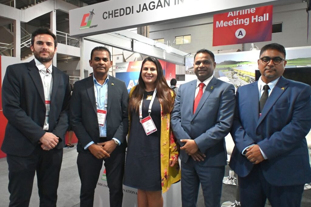 Guyana’s Minister of Public Utilities and Aviation, Hon. Deodat Indar with the official Delegates in Routes Americas 2026 aviation summit in Rio de Janeiro, Brazil