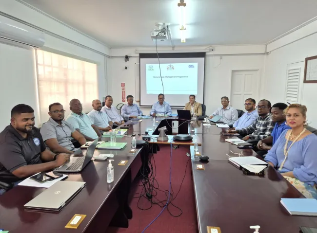 Seated at the head table (R to L): Dr. Mahender Sharma, CEO of the GEA, and Mr. Kesh Nandlall, Head of Executive Management of GPL Inc., attended the inaugural meeting with their respective technical teams ahead of the launch of the Demand Side Management Programme.