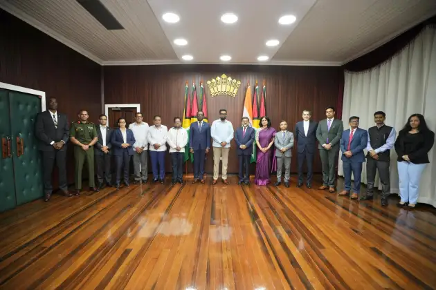 President Dr Irfaan Ali meeting with an advance delegation from India at the Office of the President ahead of the scheduled visit by the Minister of External Affairs, Dr Subrahmanyam Jaishankar