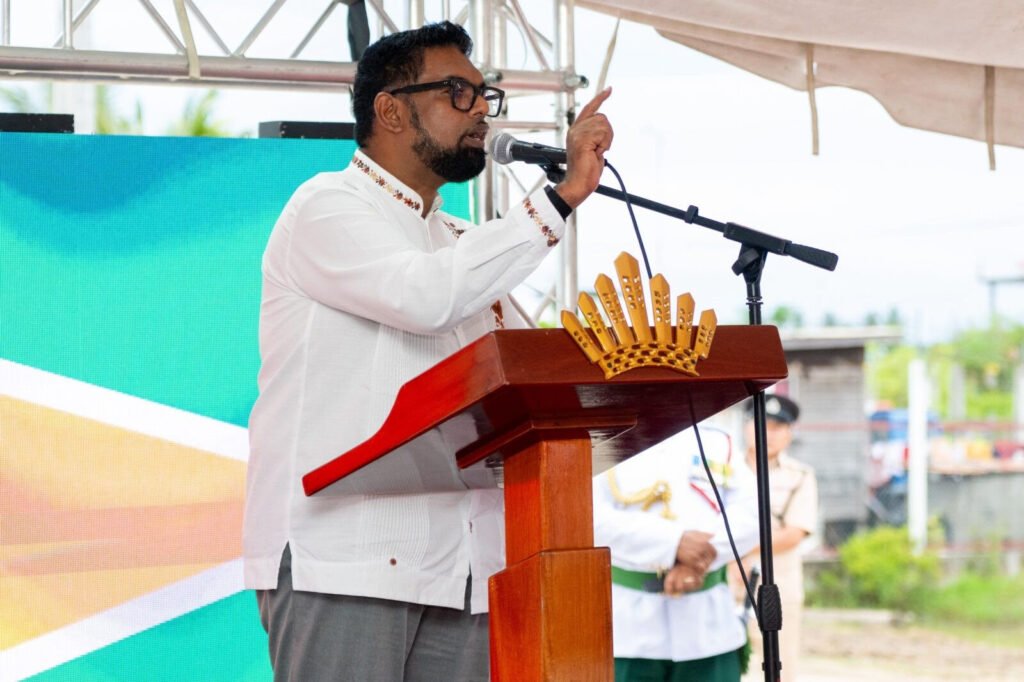 President Dr Mohamed Irfan Ali addresses workers at the ceremony commemorating Enmore Martyrs Day on Tuesday