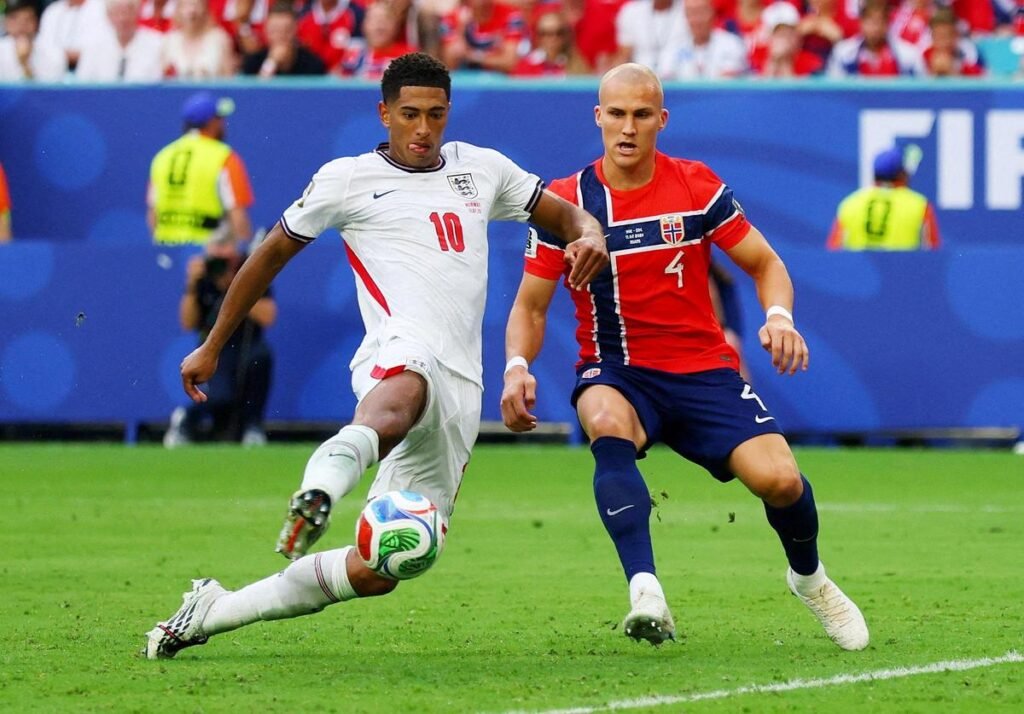 England's Jude Bellingham scores their second goal against Norway in the World Cup quarterfinal clash