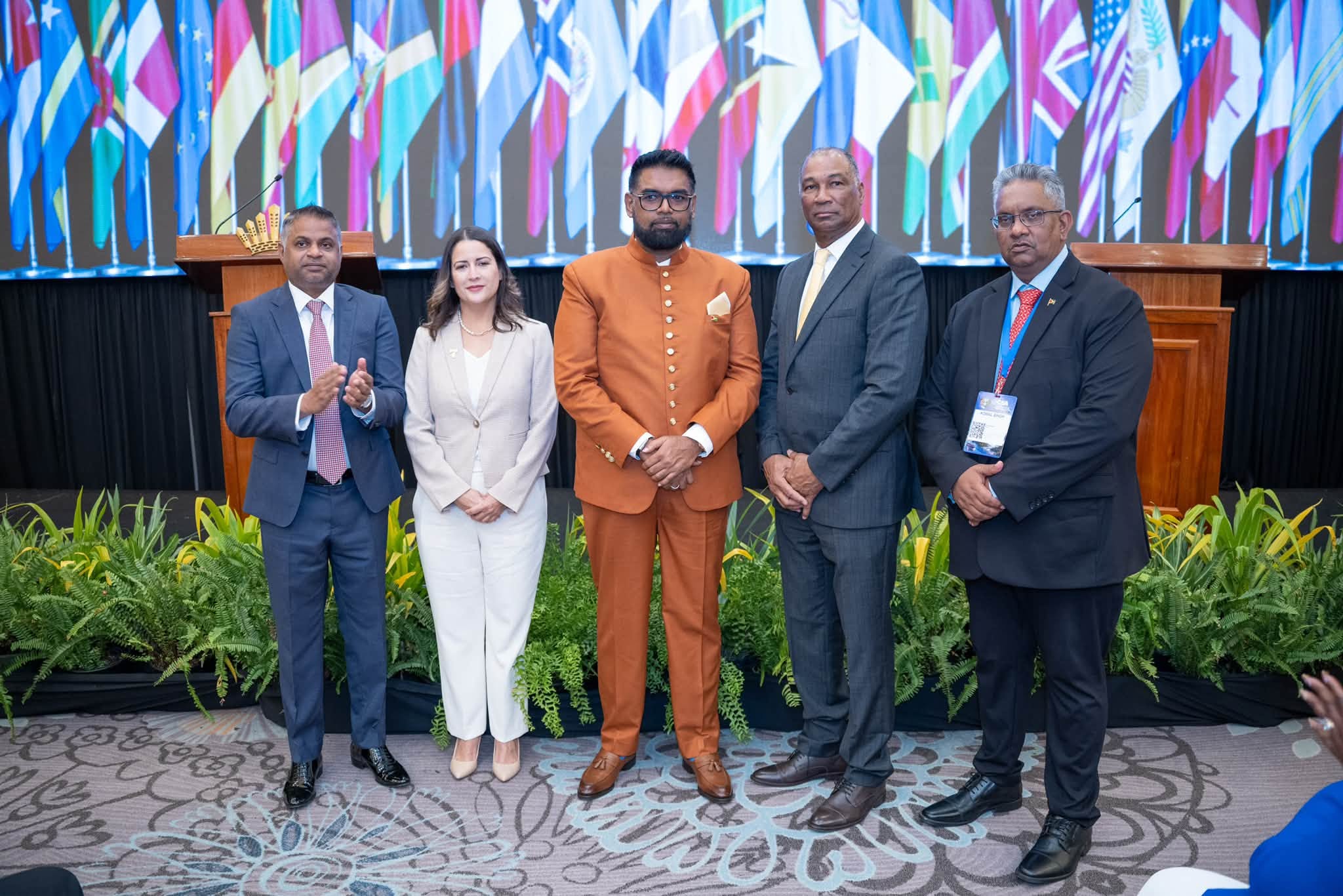 President Dr Mohamed Irfaan Ali, Minister of Public Utilities and Aviation Deodat Indar, President of the Caribbean Shipping Association (CSA), William Brown, and delegates