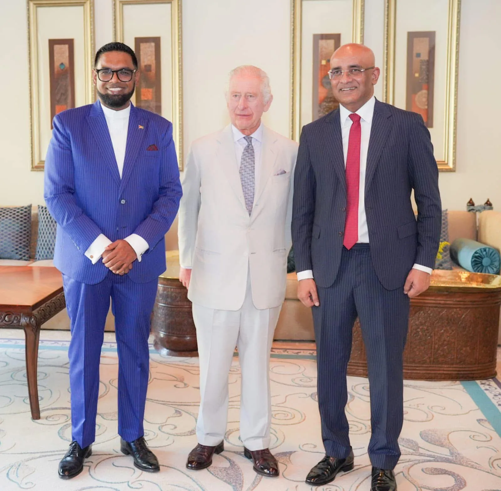 Britain’s King Charles, President Dr Mohamed Irfaan Ali, and Vice President Dr. Bharrat Jagdeo